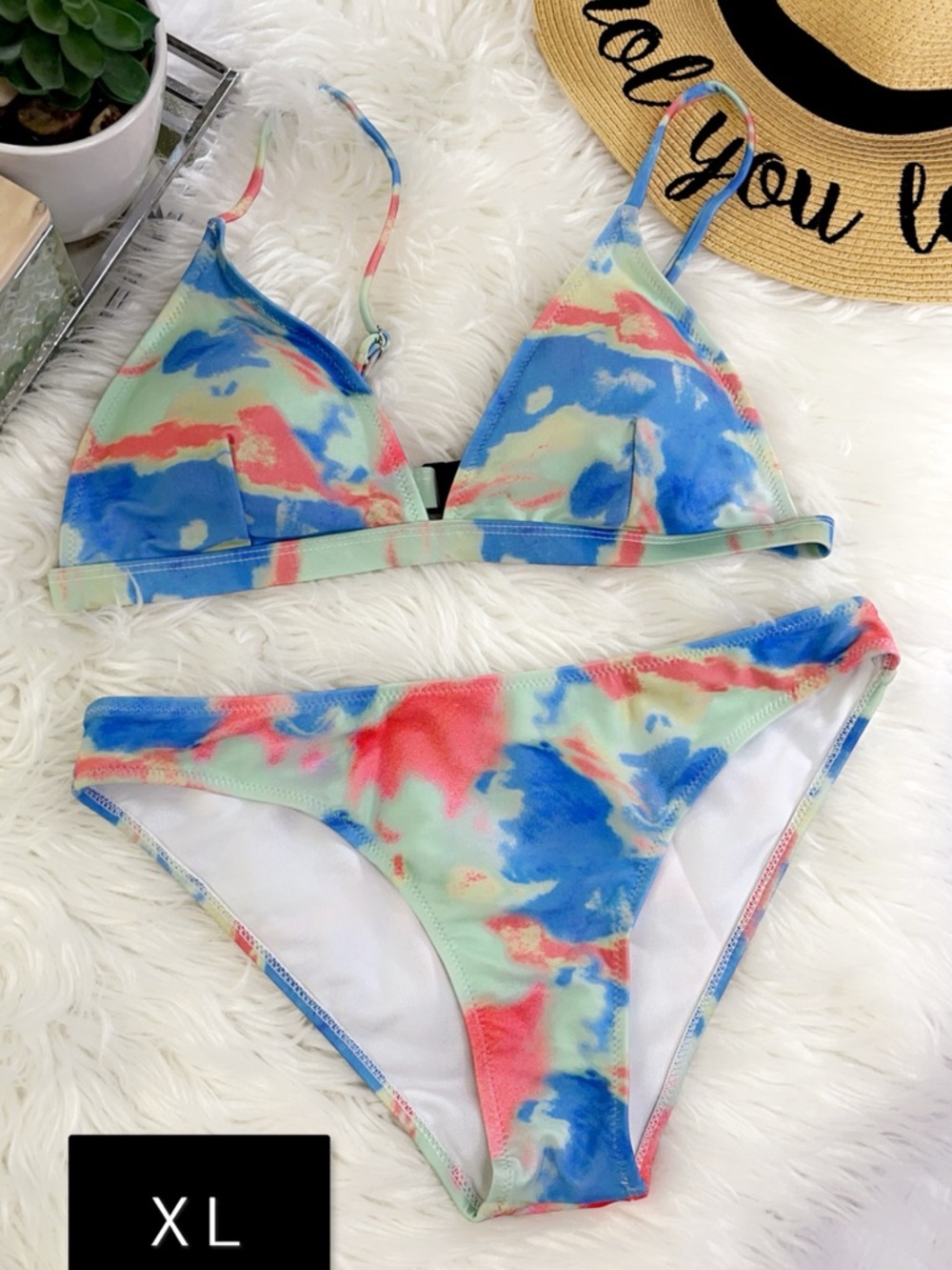 Pastel Tie-Dye Triangle Bikini Set — Blue, Coral & Mint